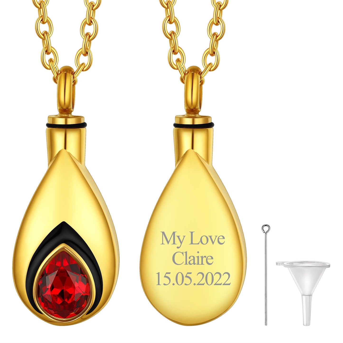 Gold Custom Tear Drop Birthstone Urn Necklace for Ashes