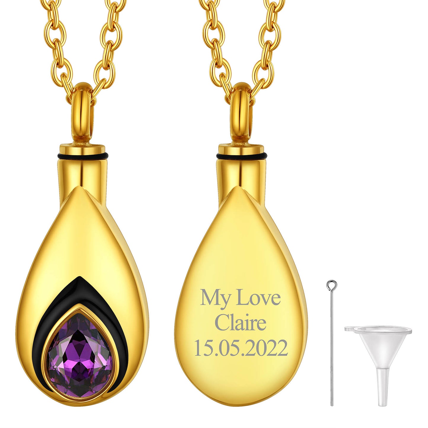 Gold Custom Tear Drop Birthstone Urn Necklace for Ashes