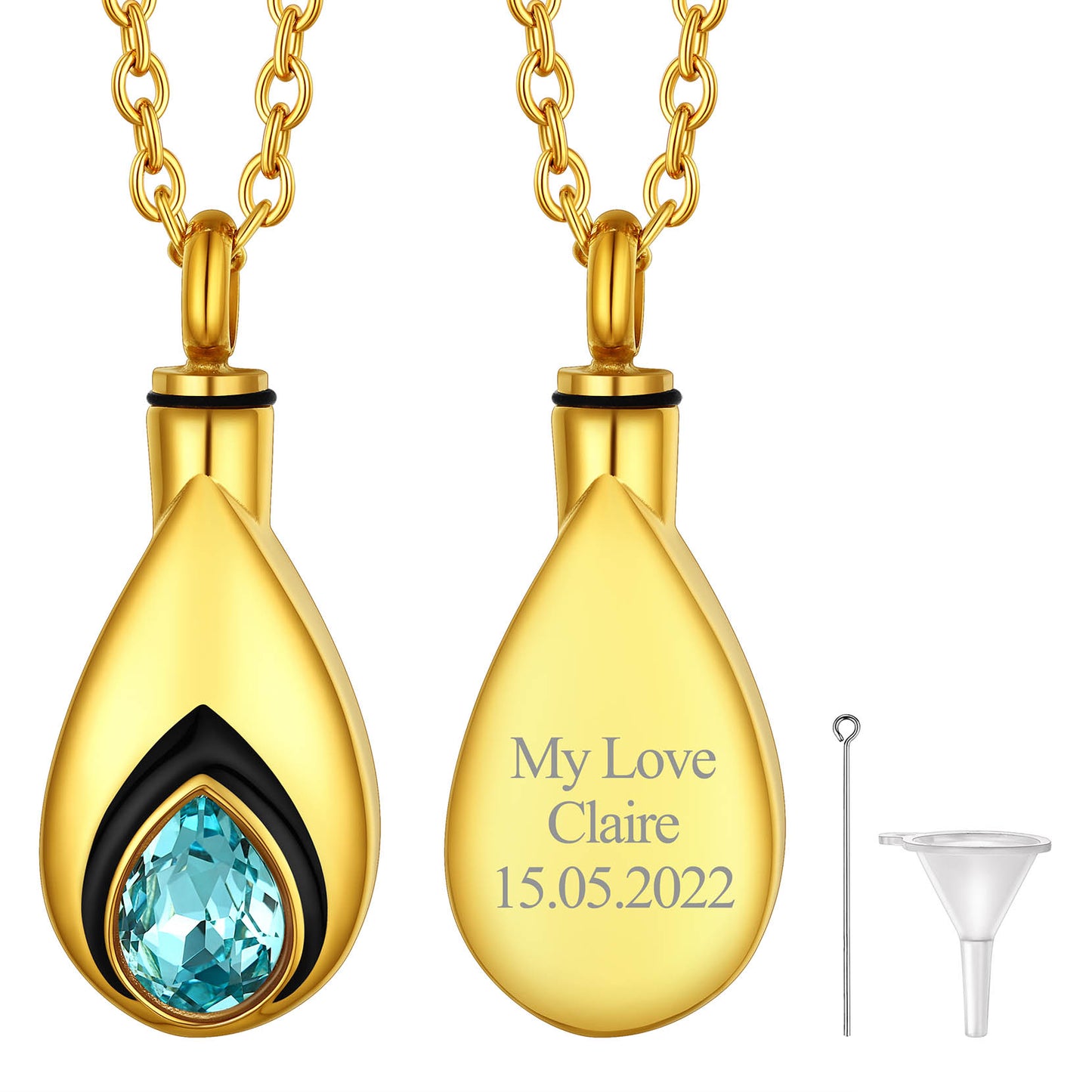 Gold Custom Tear Drop Birthstone Urn Necklace for Ashes