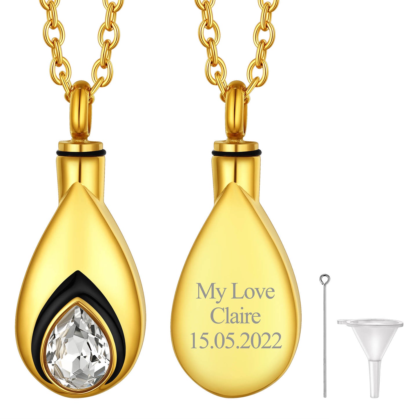 Gold Custom Tear Drop Birthstone Urn Necklace for Ashes