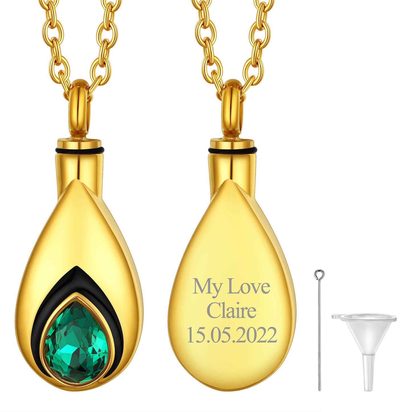 Gold Custom Tear Drop Birthstone Urn Necklace for Ashes