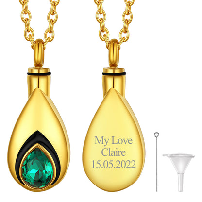 Gold Custom Tear Drop Birthstone Urn Necklace for Ashes