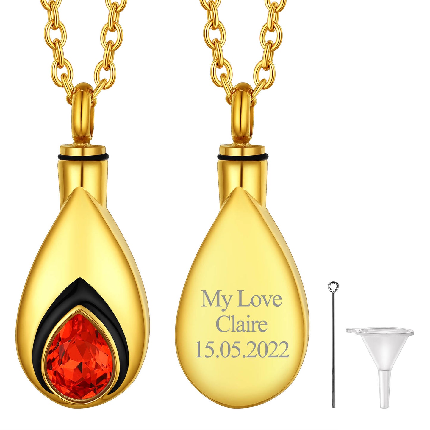 Gold Custom Tear Drop Birthstone Urn Necklace for Ashes