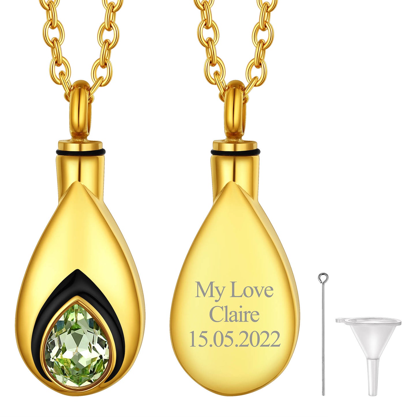 Gold Custom Tear Drop Birthstone Urn Necklace for Ashes