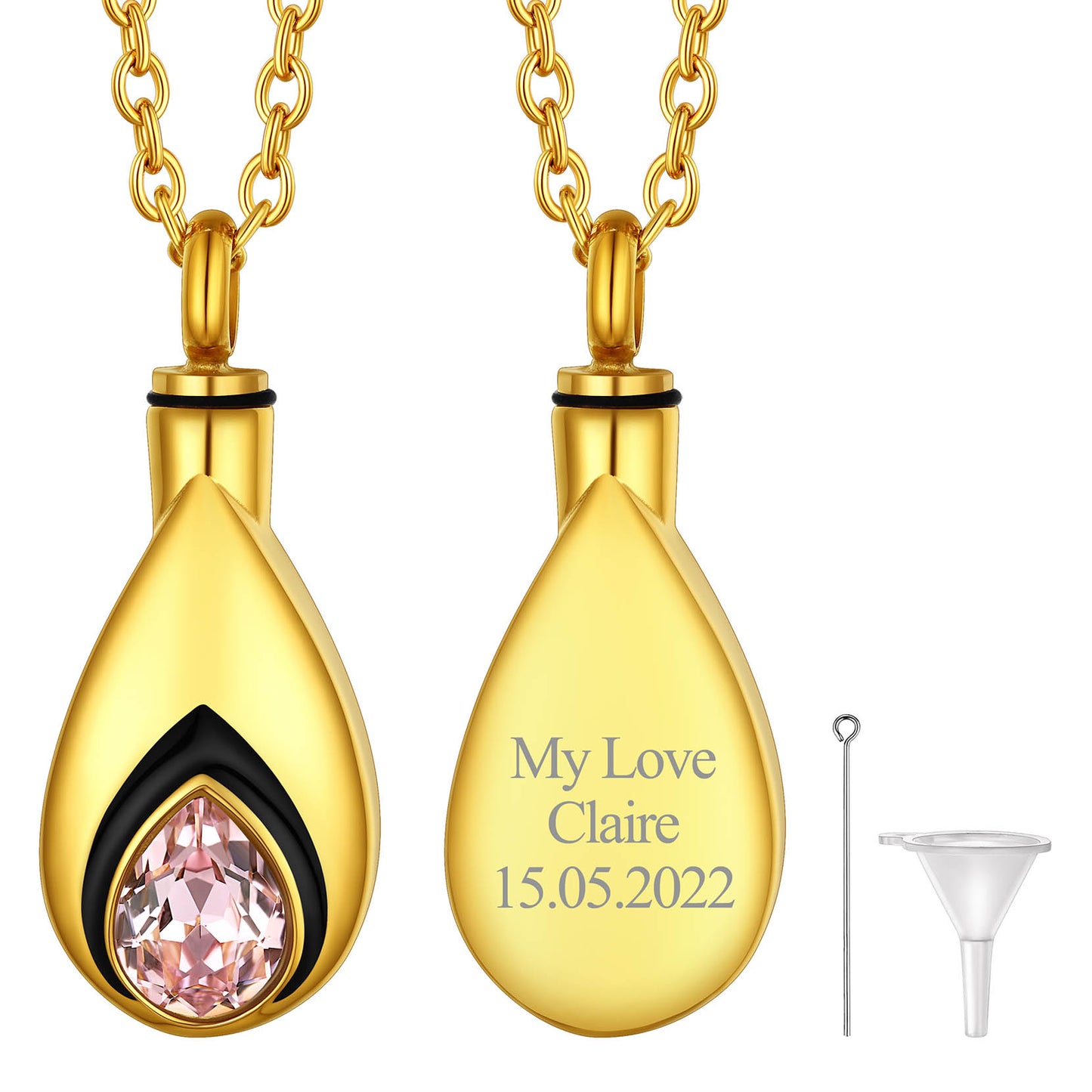 Gold Custom Tear Drop Birthstone Urn Necklace for Ashes