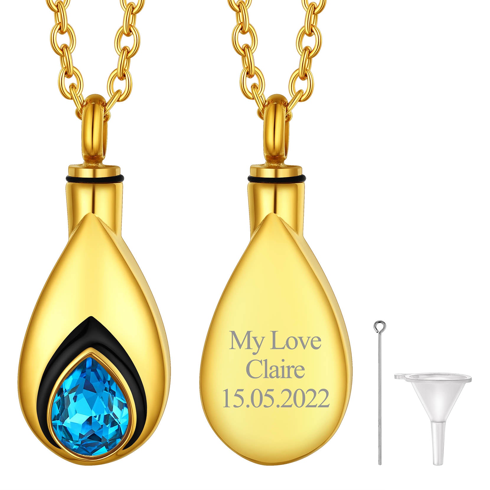 Gold Custom Tear Drop Birthstone Urn Necklace for Ashes