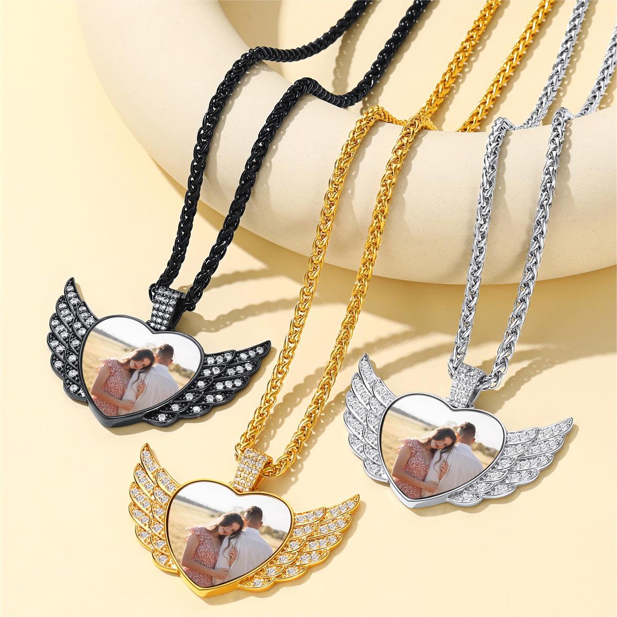 Personalized Picture Angel Wings Heart Necklace for Women with CZ in Different Colors, Memorial Jewelry