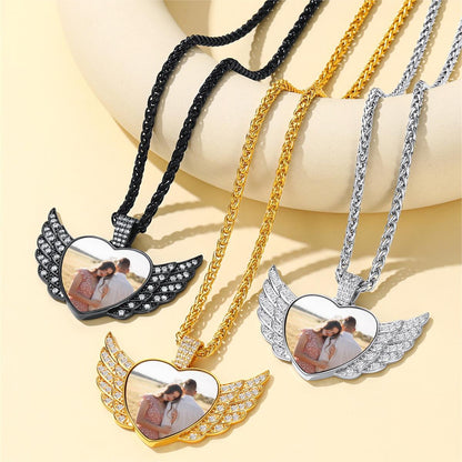 Personalized Picture Angel Wings Heart Necklace for Women with CZ in Different Colors, Memorial Jewelry