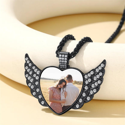 Black Personalized Picture Angel Wings Heart Necklace for Women with CZ , Memorial Jewelry