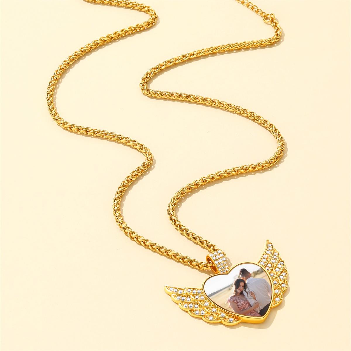 Personalized Picture Angel Wings Heart Necklace for Women with CZ, Memorial Jewelry