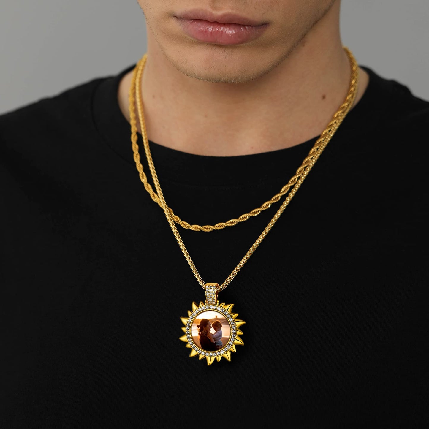 Custom Picture Sun Necklace with CZ for Men