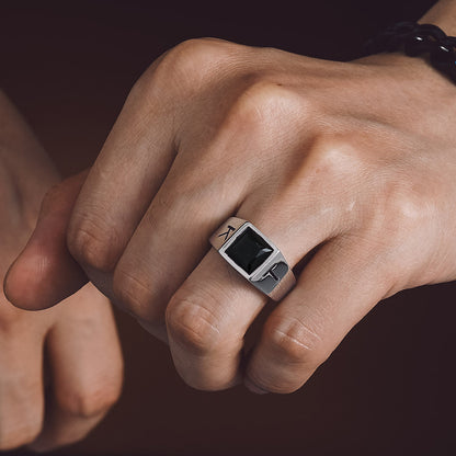 Custom Square Black Gemstone Signet Ring for Men