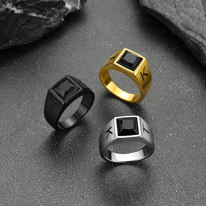 Custom Square Black Gemstone Signet Ring for Men