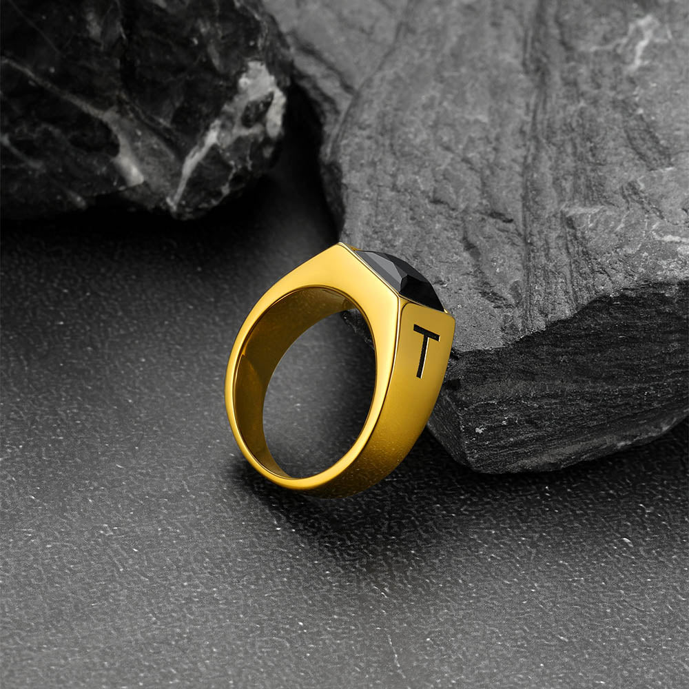 Custom Square Black Gemstone Signet Ring for Men