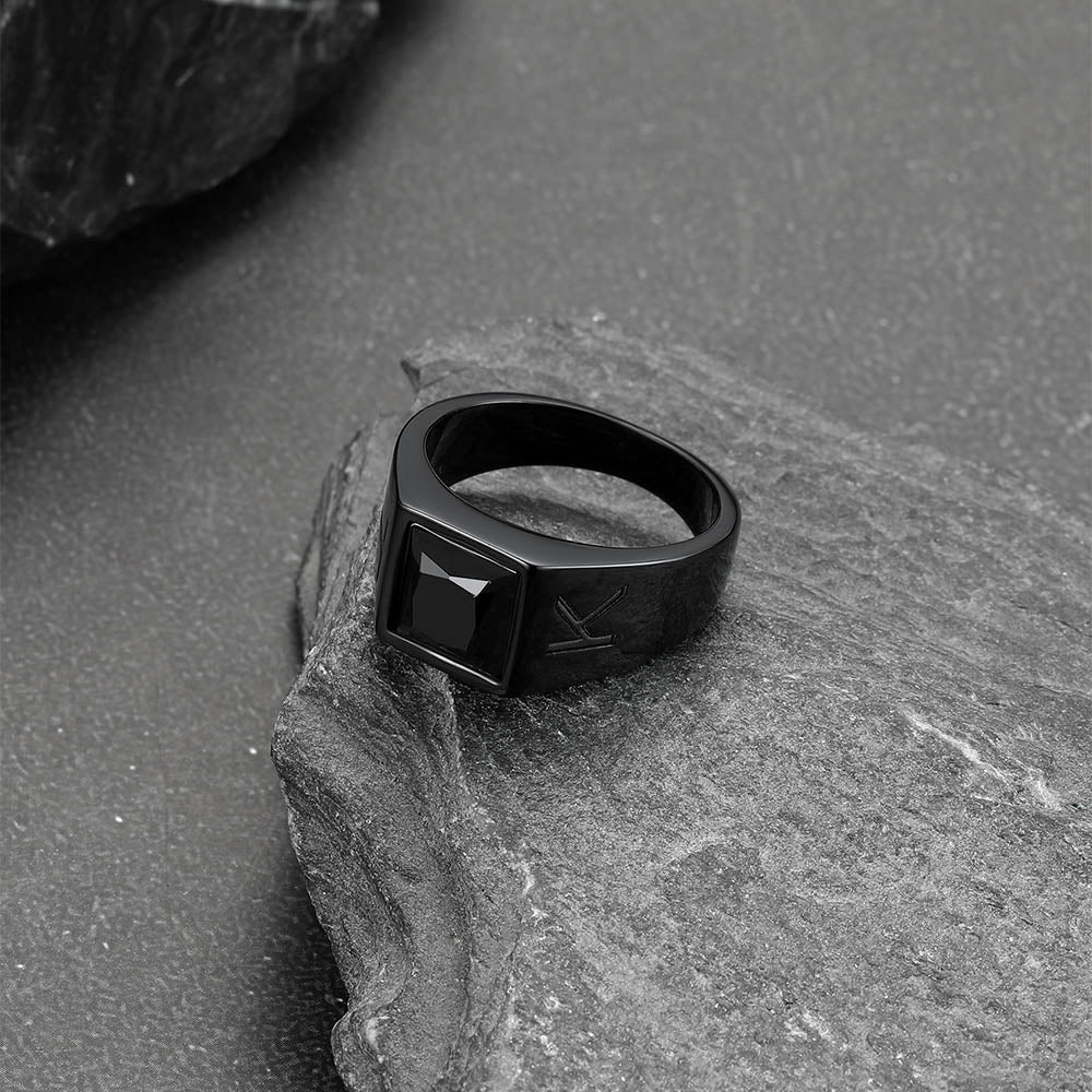 Custom Square Black Gemstone Signet Ring for Men