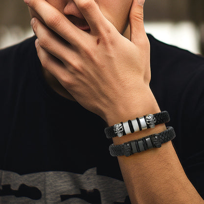 Personalised Black Name Beads Leather Bracelet with Skull