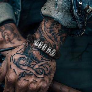 Personalised Black Name Beads Leather Bracelet with Skull for Men