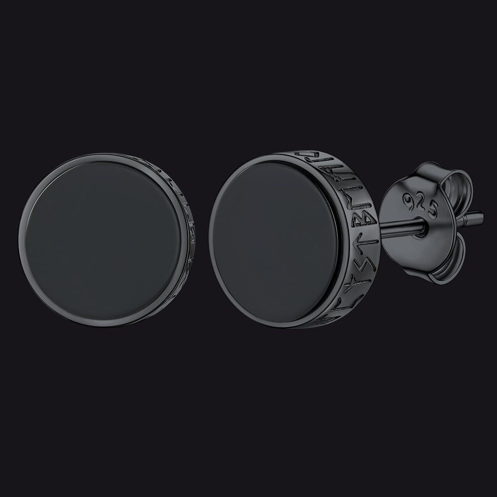 Sterling Silver Viking Runes Onyx Stud Earrings