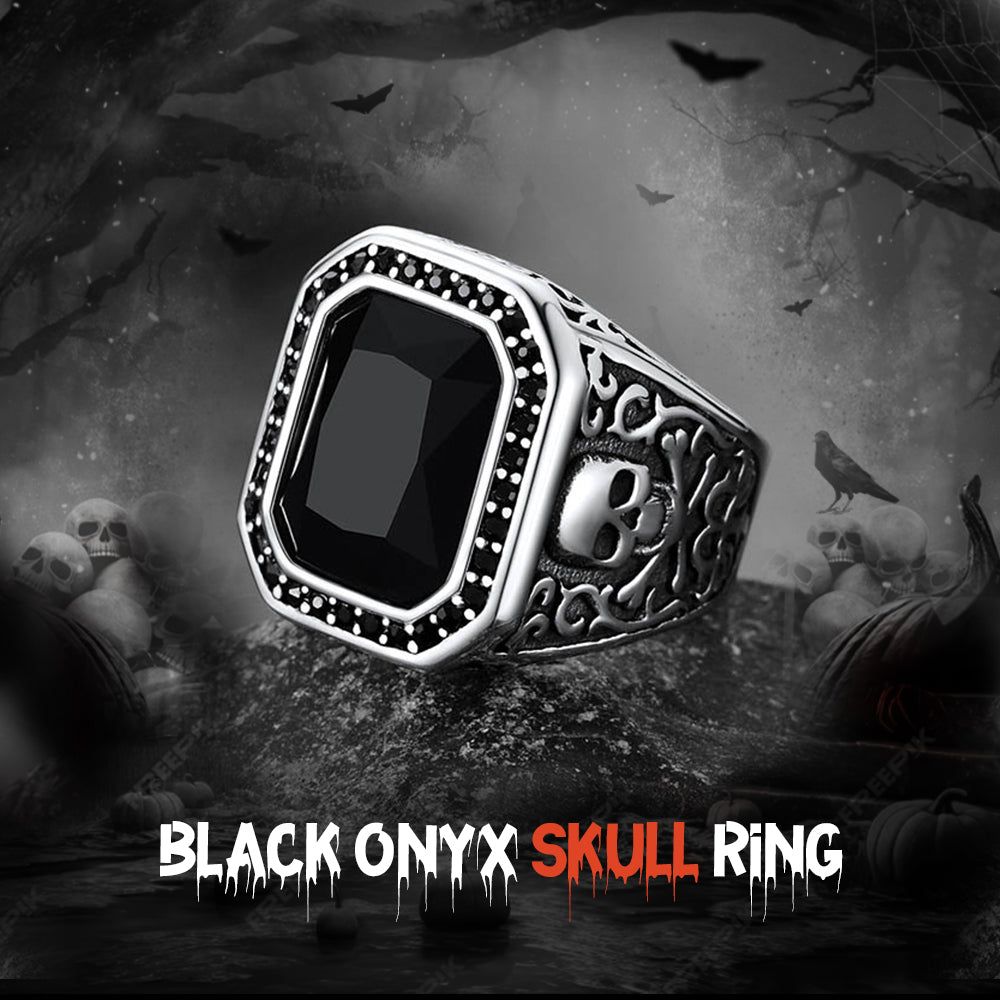 FaithHeart Black Onyx Stone Signet Ring with Skull for Men FaithHeart