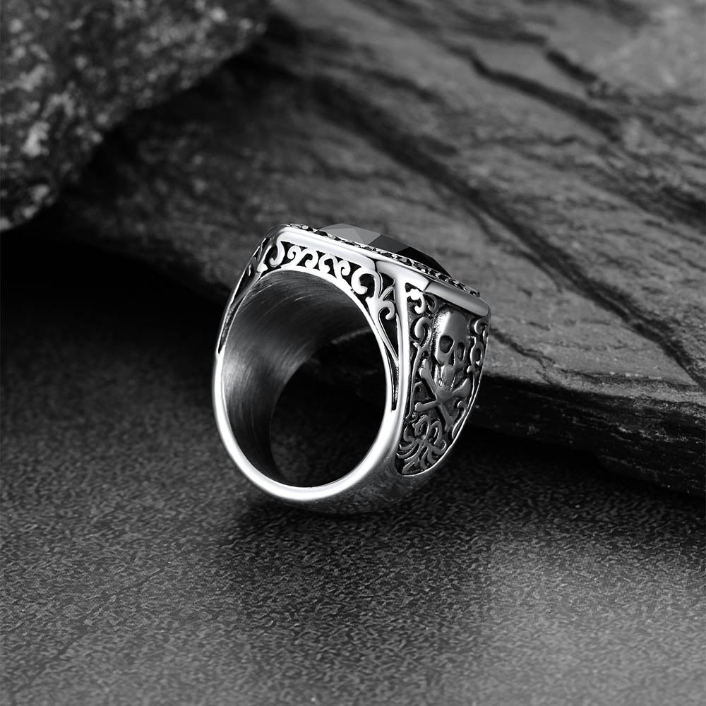 FaithHeart Black Onyx Stone Signet Ring with Skull for Men FaithHeart