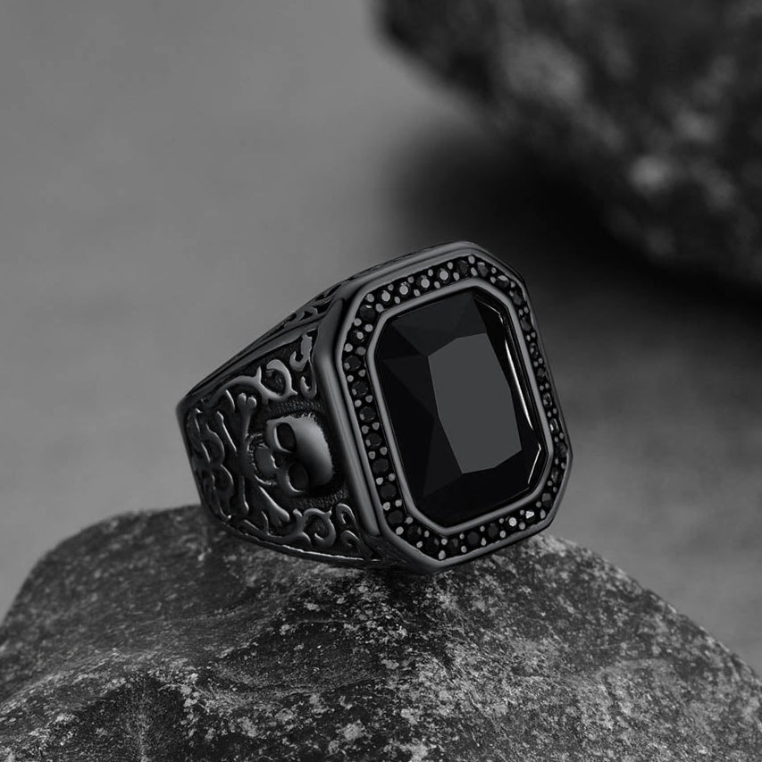 FaithHeart Black Onyx Stone Signet Ring with Skull for Men FaithHeart