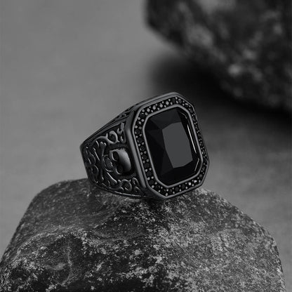 FaithHeart Black Onyx Stone Signet Ring with Skull for Men FaithHeart