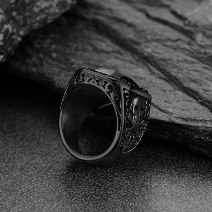 FaithHeart Black Onyx Stone Signet Ring with Skull for Men FaithHeart
