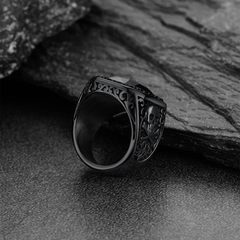 FaithHeart Black Onyx Stone Signet Ring with Skull for Men FaithHeart