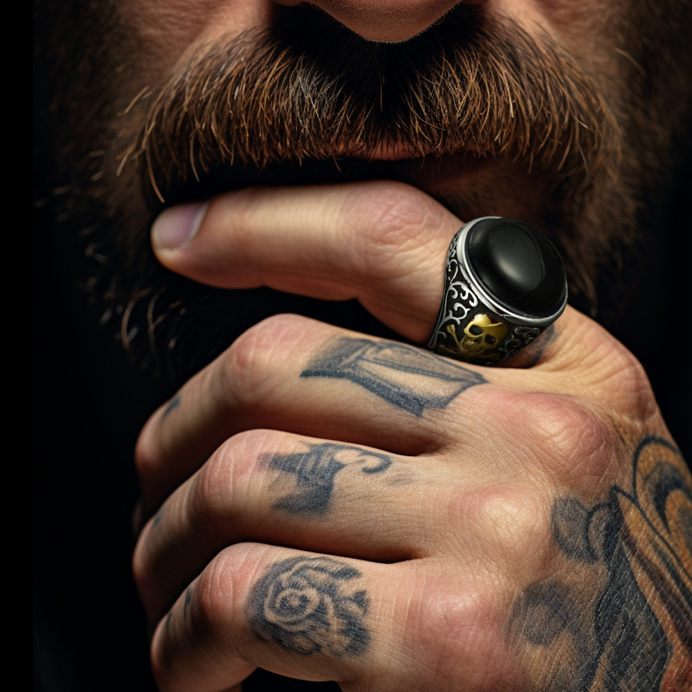 Black Onyx Signet Ring with Skull for Men FaithHeart