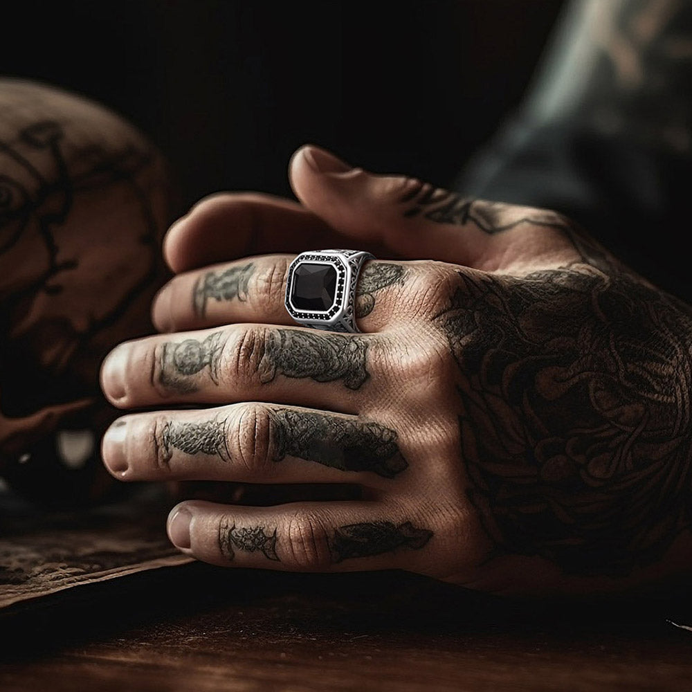 FaithHeart Black Onyx Stone Signet Ring with Skull for Men FaithHeart