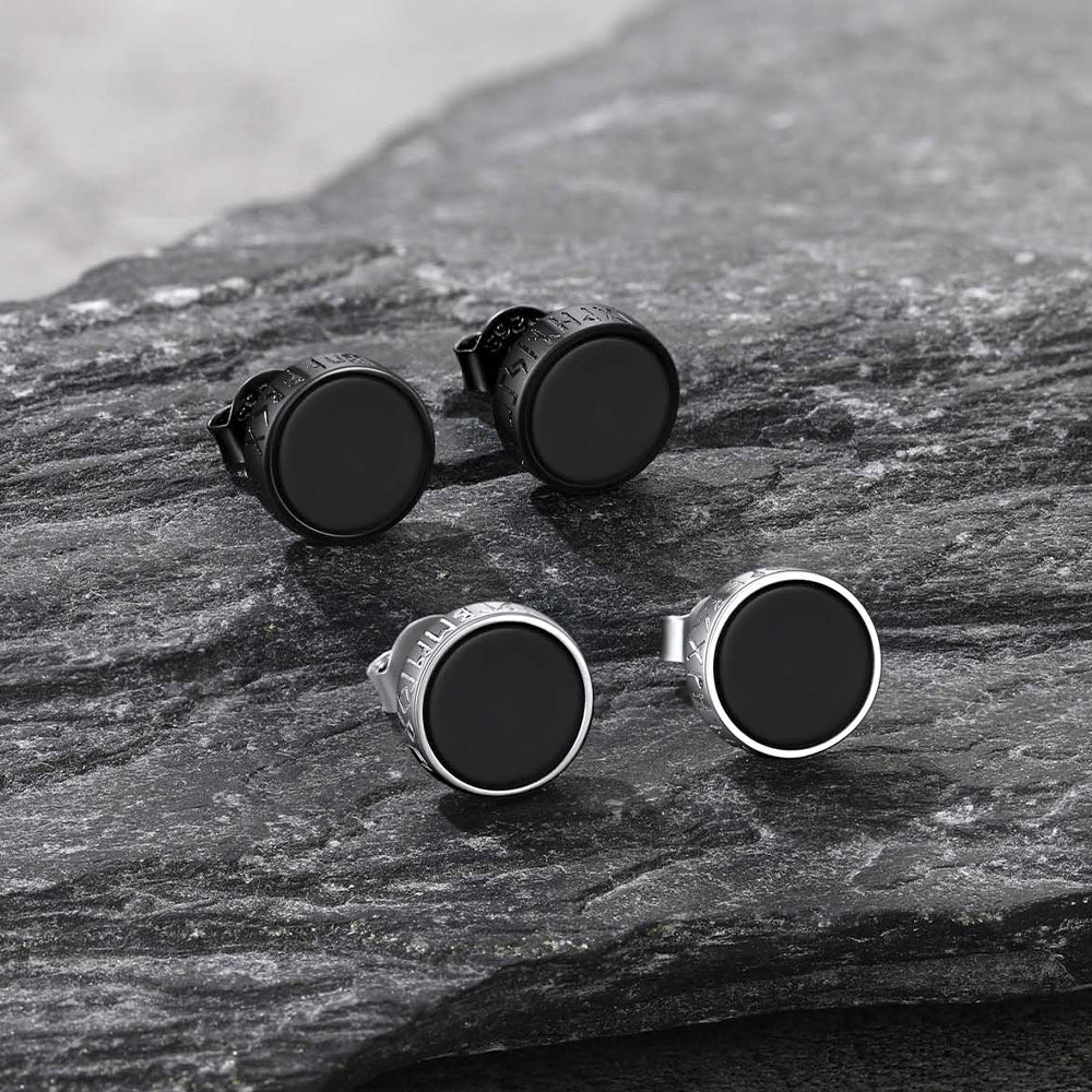 Sterling Silver Viking Runes Black Onyx Stud Earrings For Men