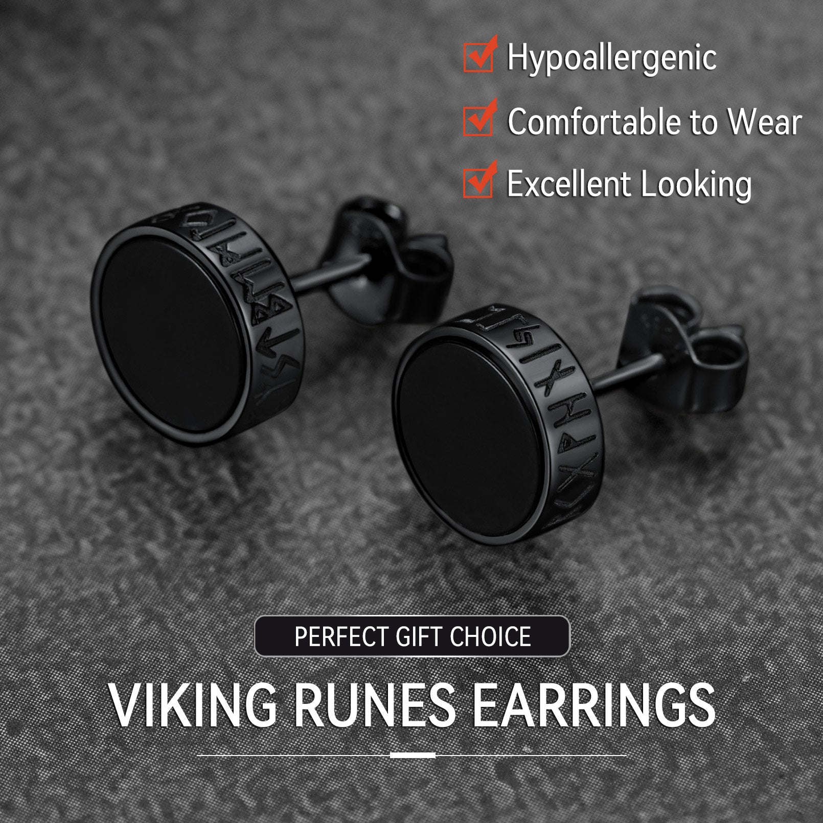 Sterling Silver Viking Runes Black Onyx Stud Earrings For Men