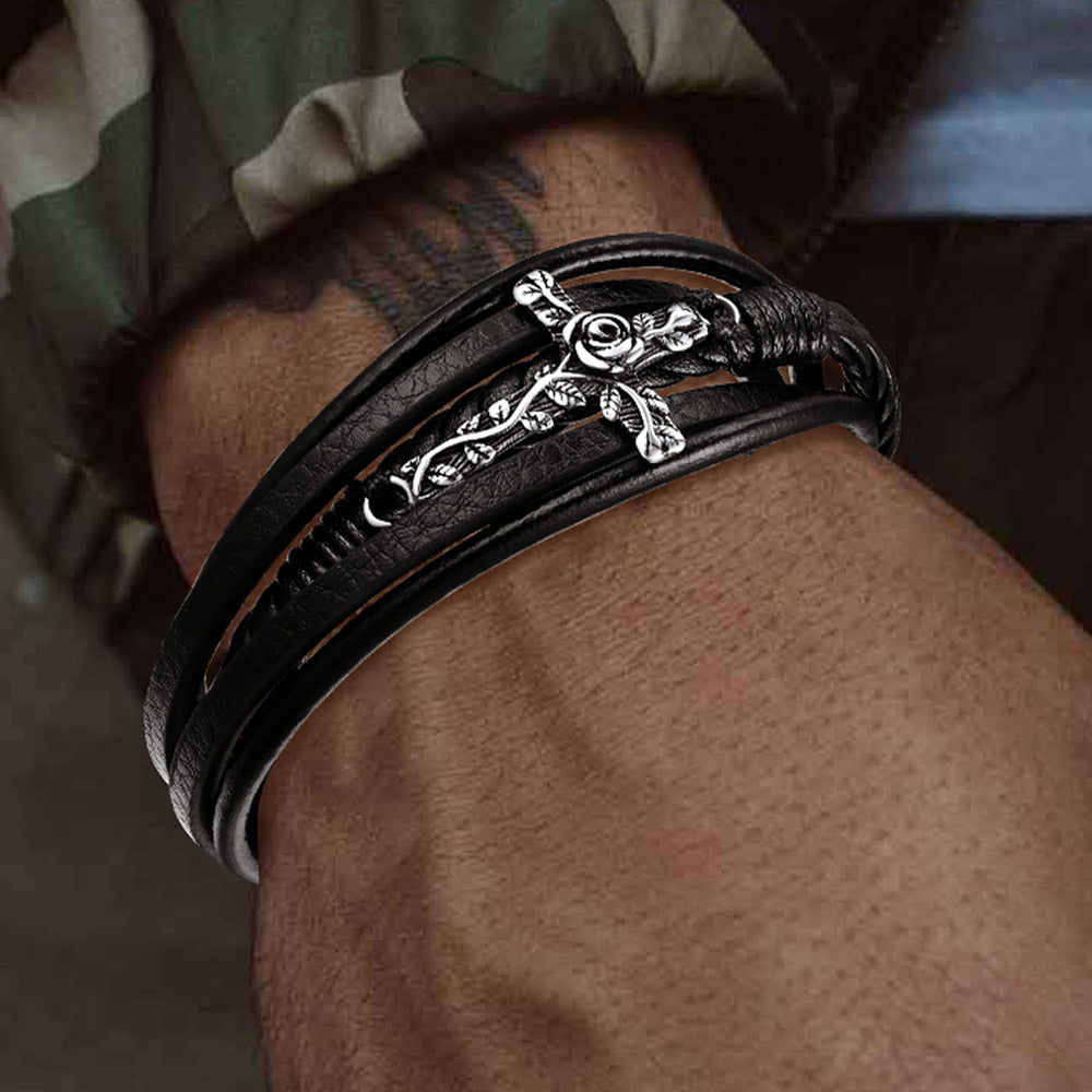 Black Rose Cross Braided Leather Bracelet for Men FaithHeart