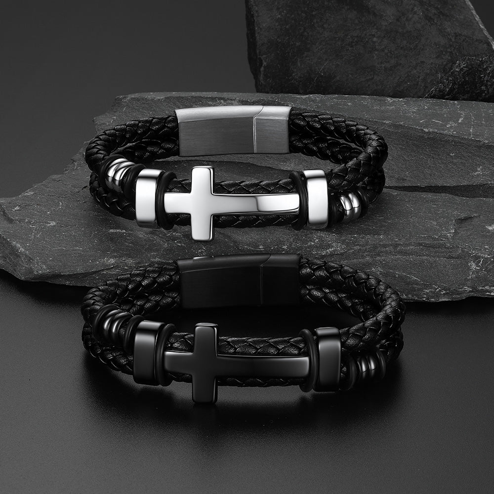 Black braided silver-tone cross leather bracelet color options – black, steel