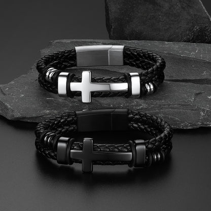 Black braided silver-tone cross leather bracelet color options – black, steel