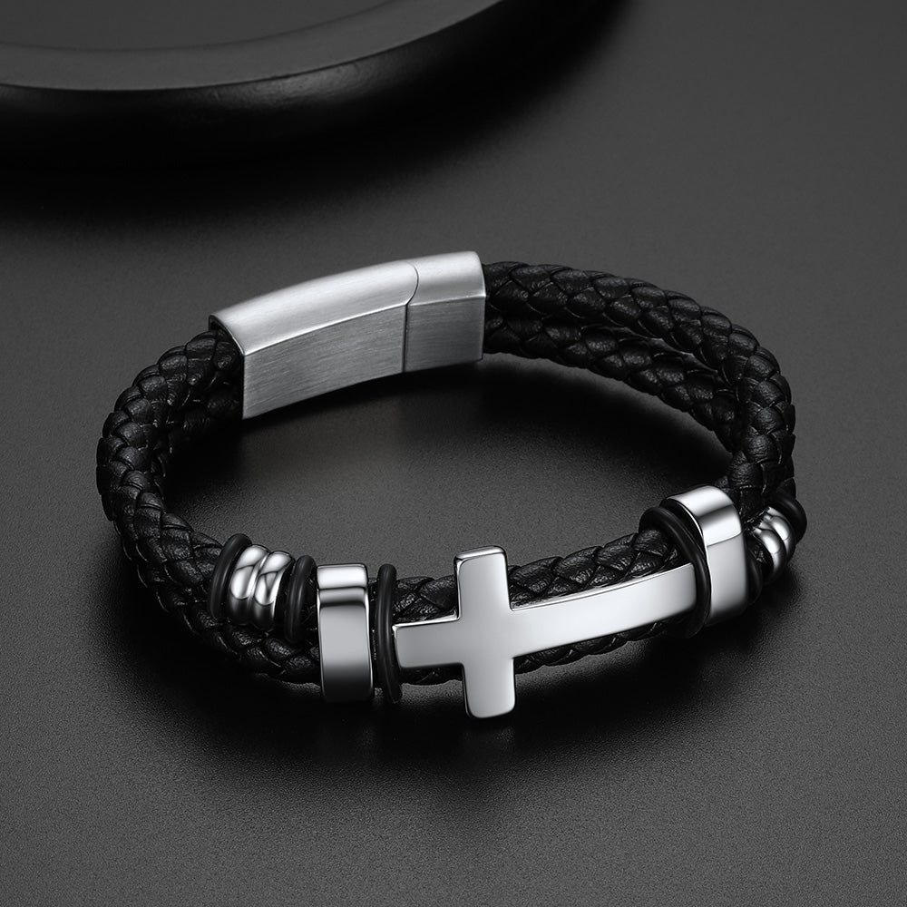 Front and side view of black braided cross leather bracelet