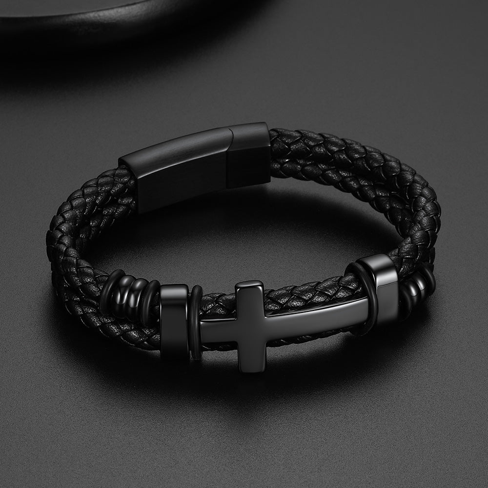 Front and side view of black braided cross leather bracelet