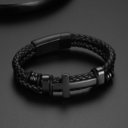Front and side view of black braided cross leather bracelet