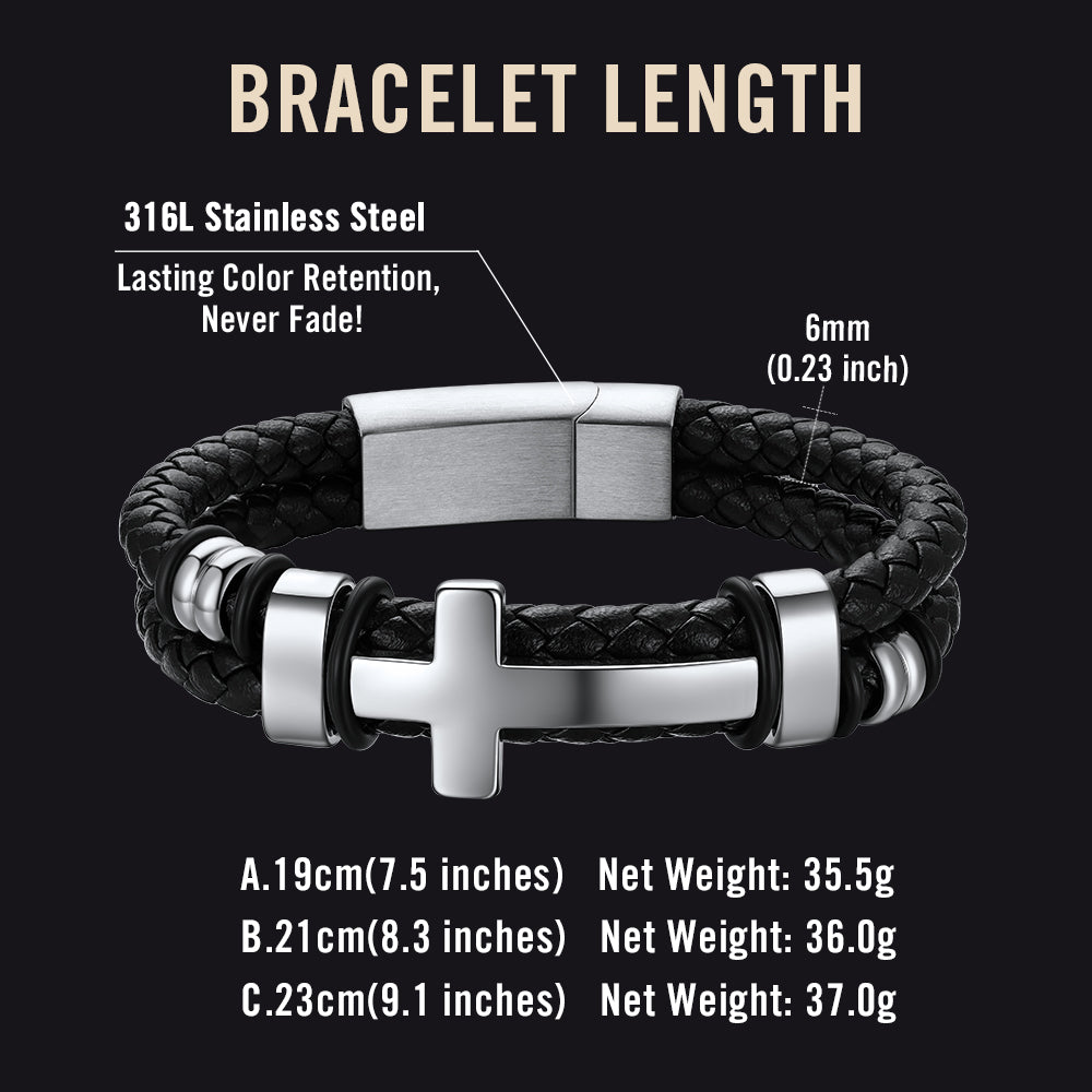 Black braided cross leather bracelet size chart