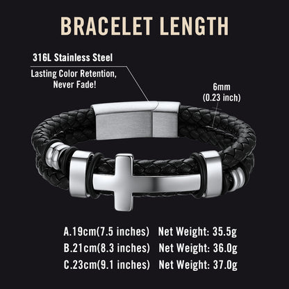 Black braided cross leather bracelet size chart