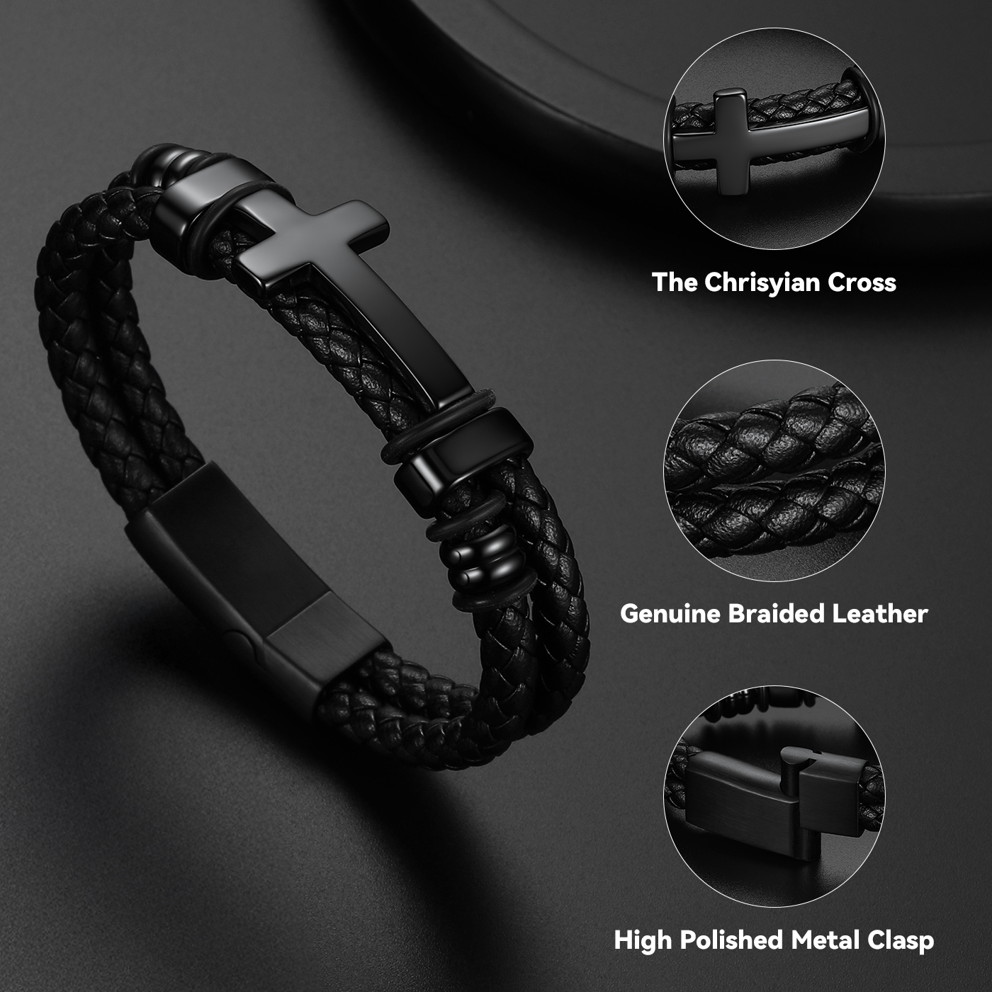 Silver-tone cross pendant design detail – stainless steel cross on black leather bracelet