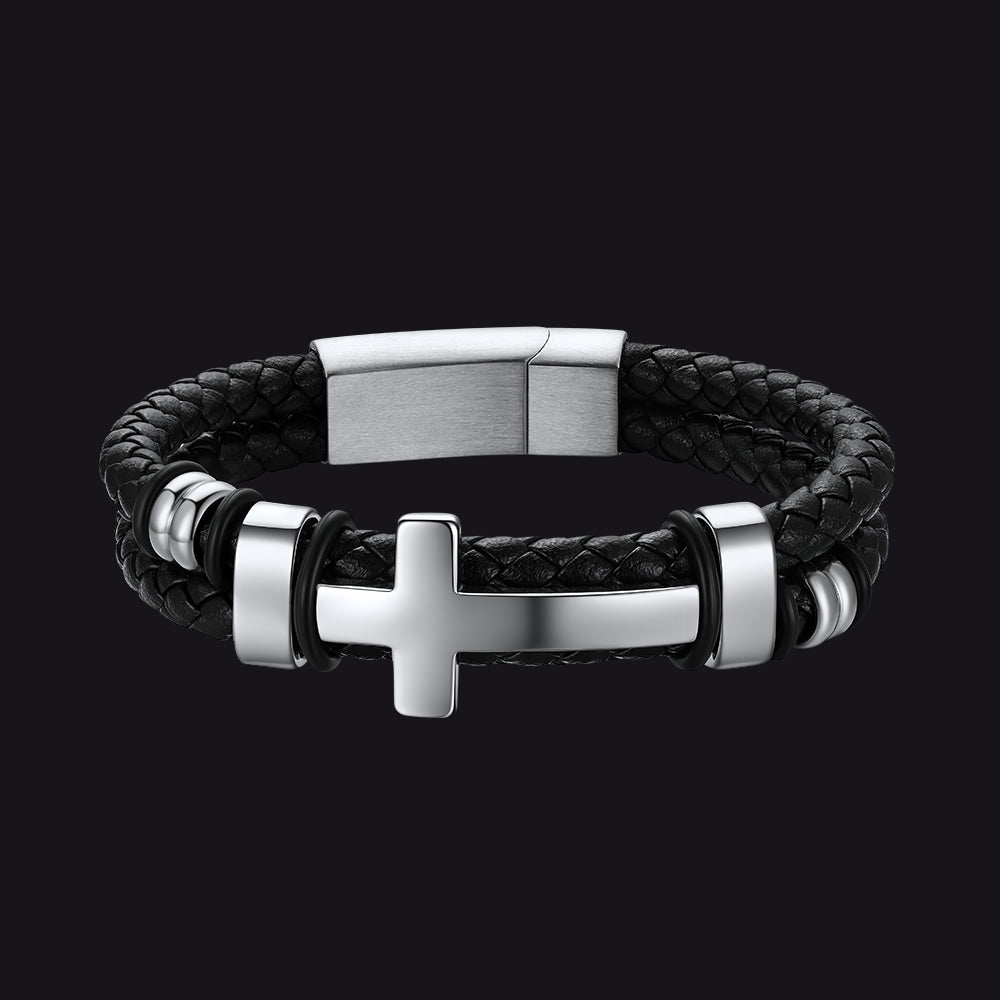Black braided silver-tone stainless steel cross leather bracelet for men