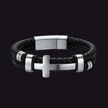 Black braided silver-tone stainless steel cross leather bracelet for men