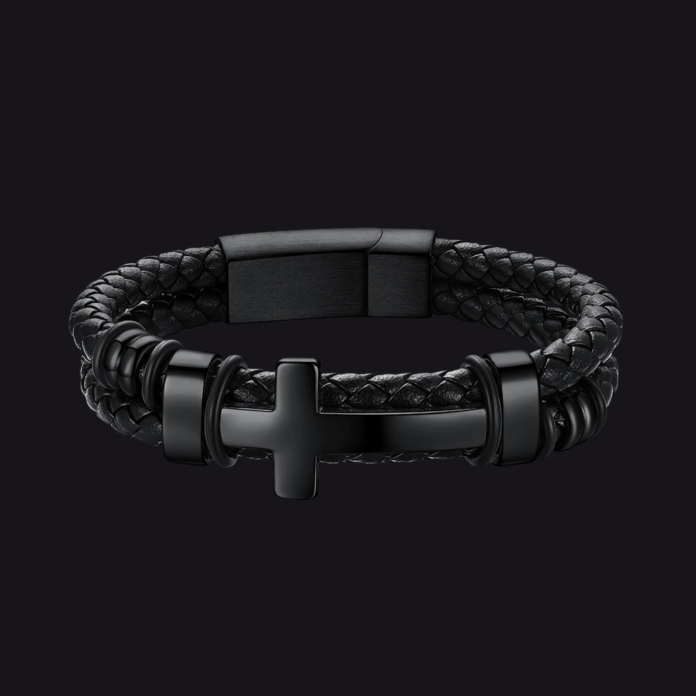 Black braided stainless steel cross leather bracelet for men, front view on black background
