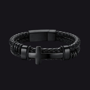 Black Braided Leather Bracelet with Stainless Steel Cross for Men Guys Gift