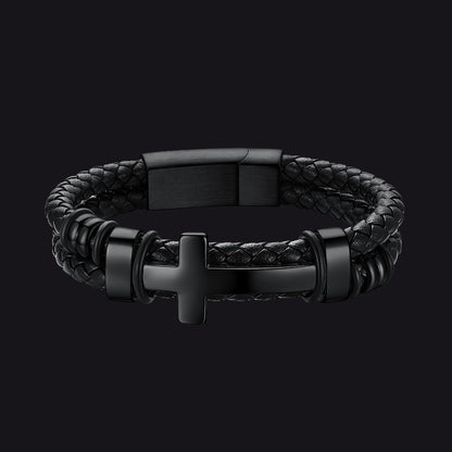 Black braided stainless steel cross leather bracelet for men, front view on black background