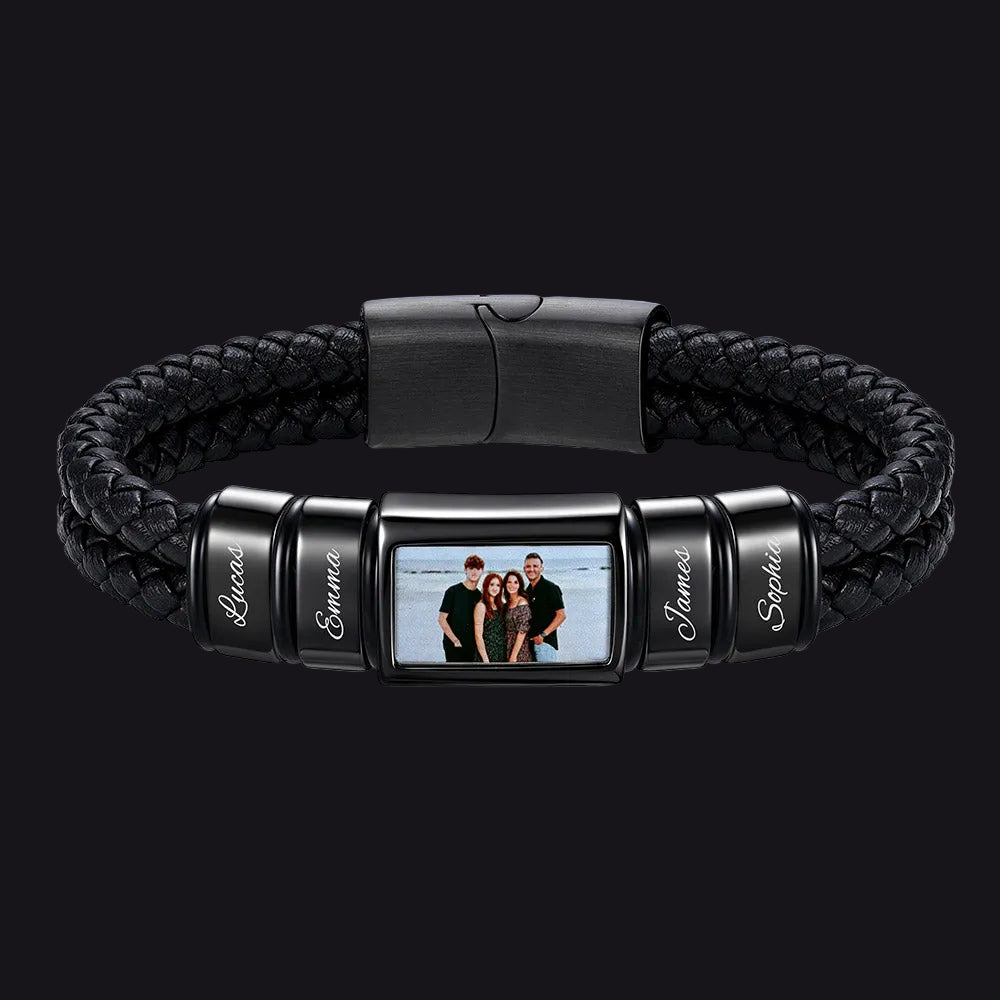 Custom 4 names photo braided leather bracelet for men