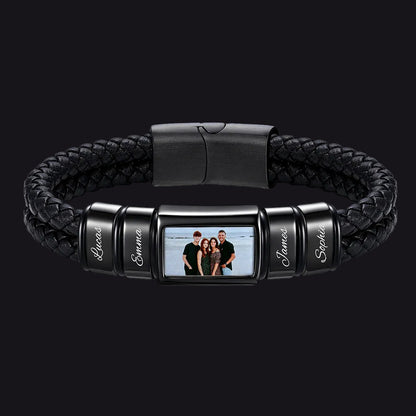 Custom 4 names photo braided leather bracelet for men