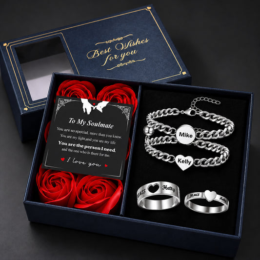 Matching Rings & Magnetic Chain Couple Bracelets Gift Box Setimg
