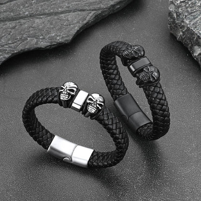 Personalised Black Name Beads Leather Bracelet with Skull for Men FaithHeart Jewelry